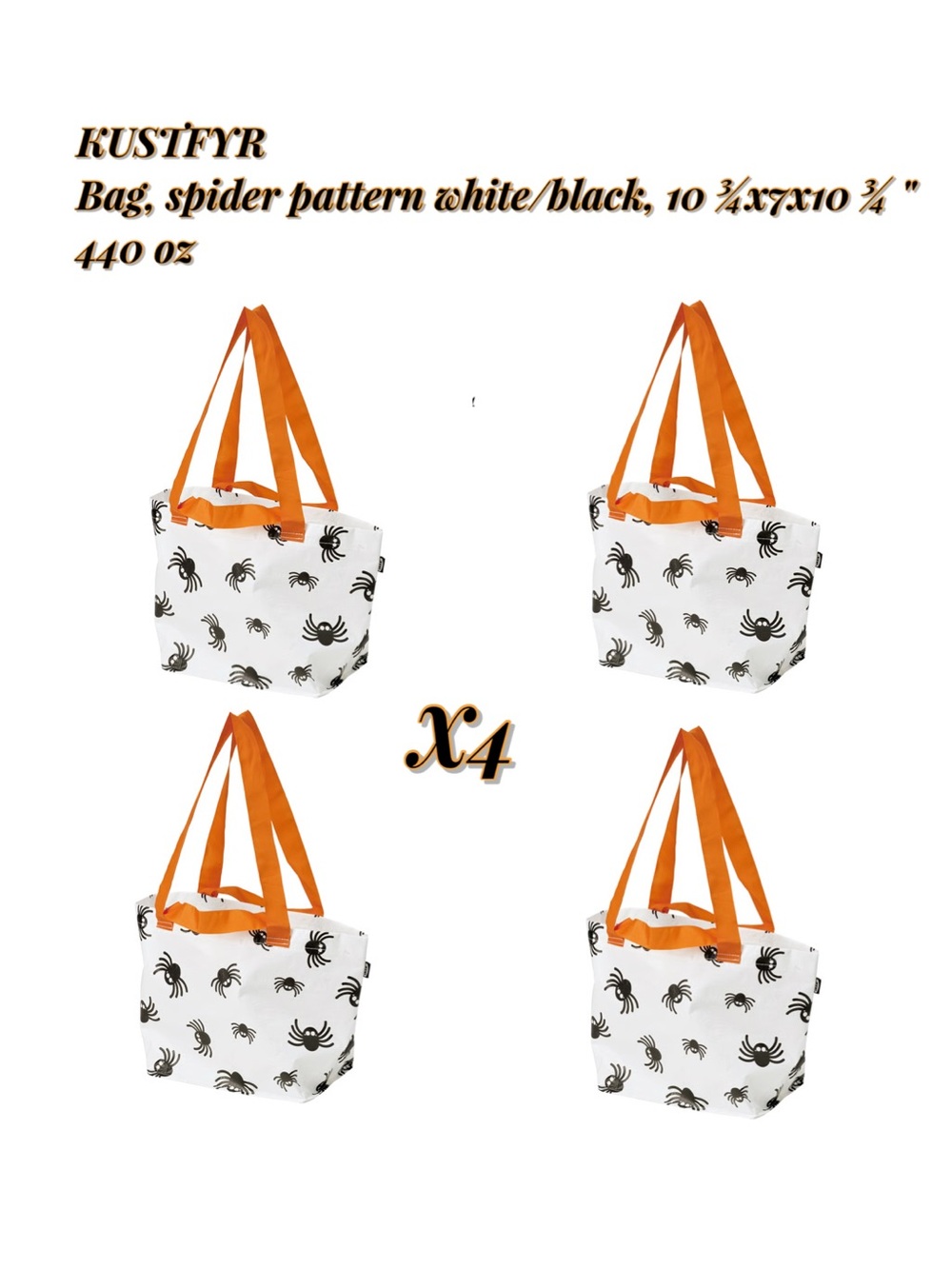 White & Black Spider Print Tote with Orange Handles